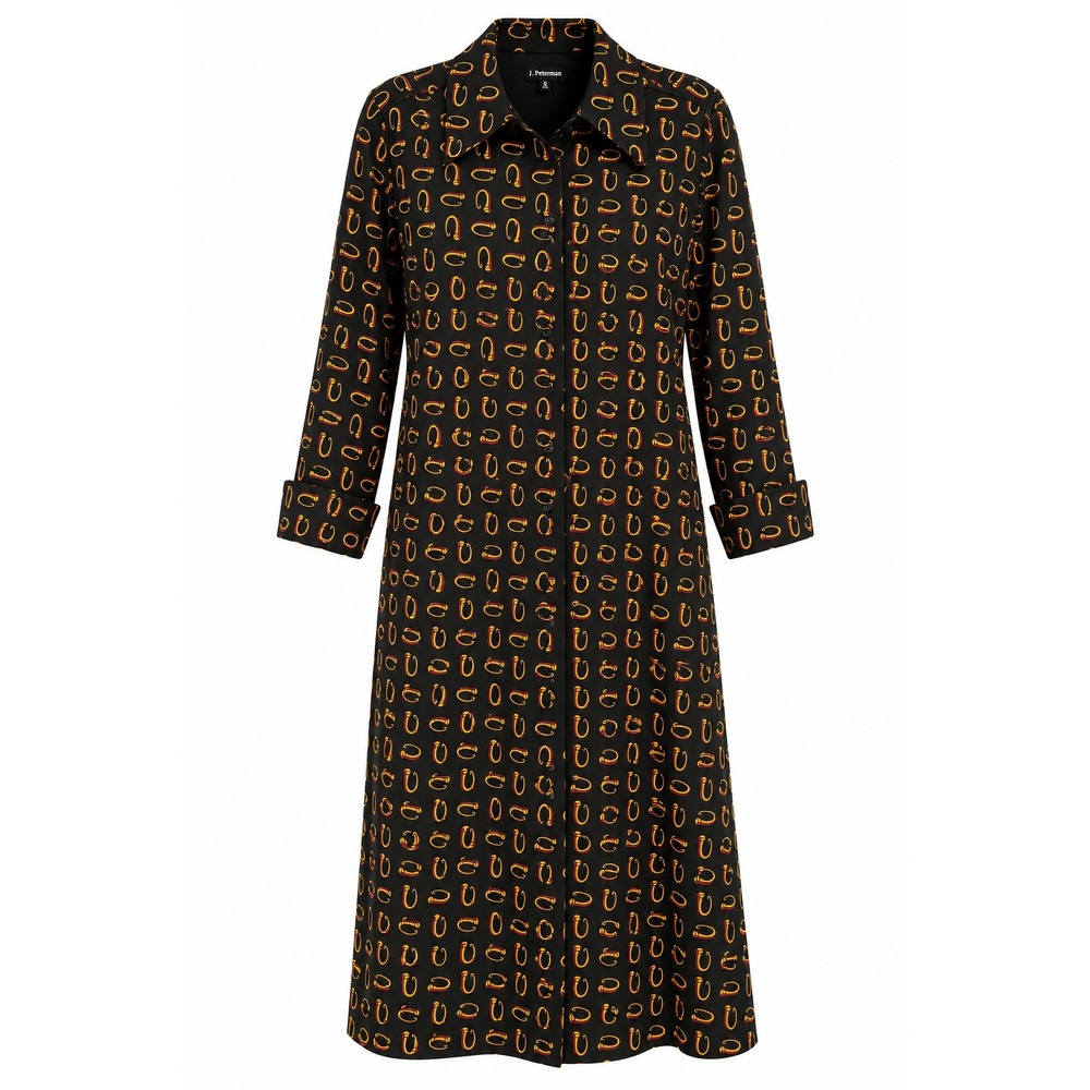 J. Peterman J Monogram Print Midi Shirt Dress Black Orange Long Sleeve 6